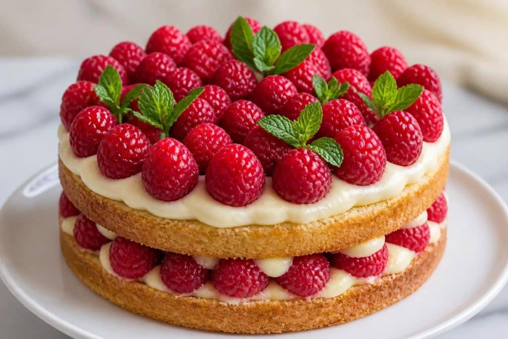 découvrez une recette facile et légère de gâteau au framboisier avec une onctueuse crème pâtissière, idéale pour un dessert gourmand et rafraîchissant.