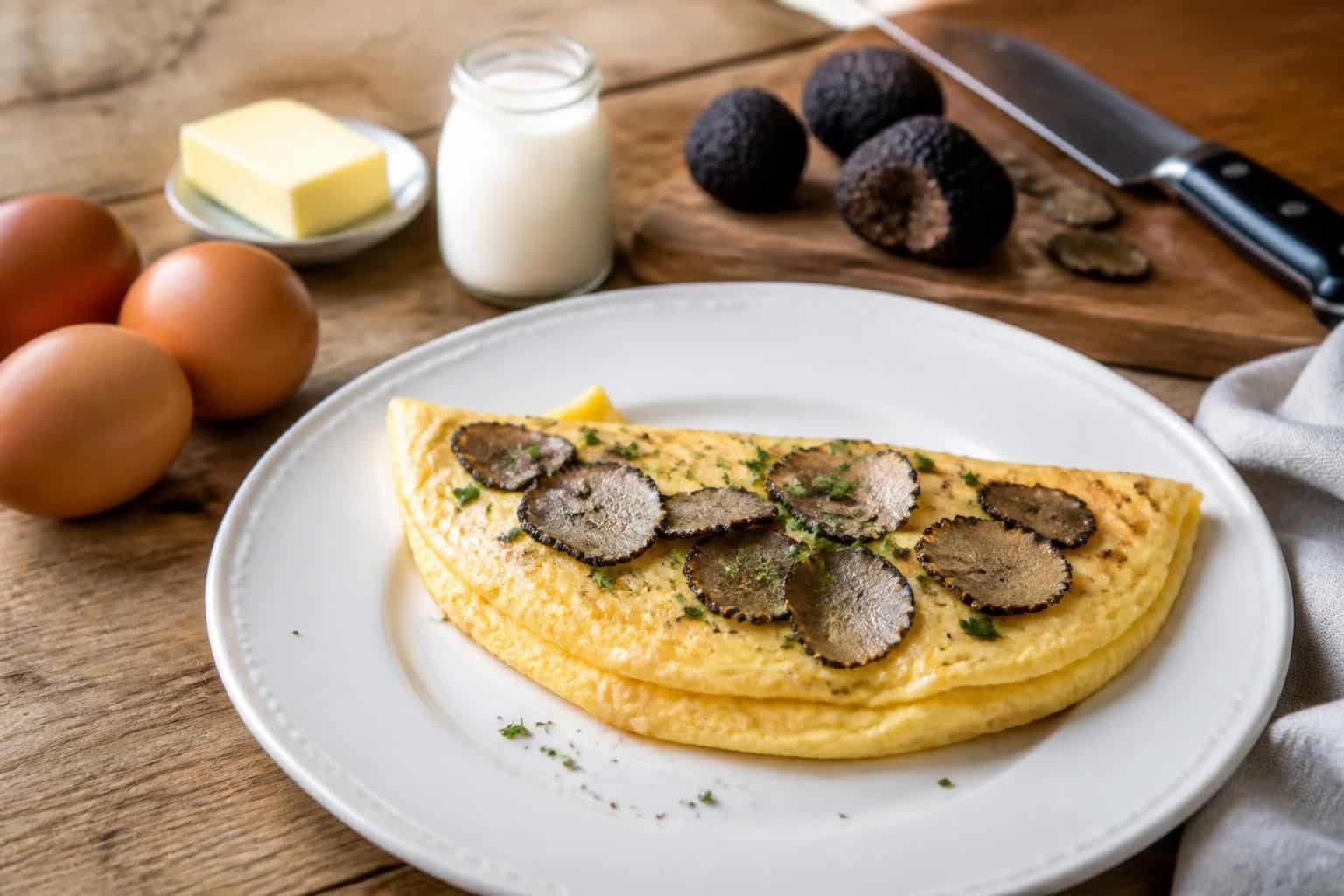 découvrez notre recette facile d'omelette à la truffe, avec tous les ingrédients essentiels pour un plat savoureux et raffiné.
